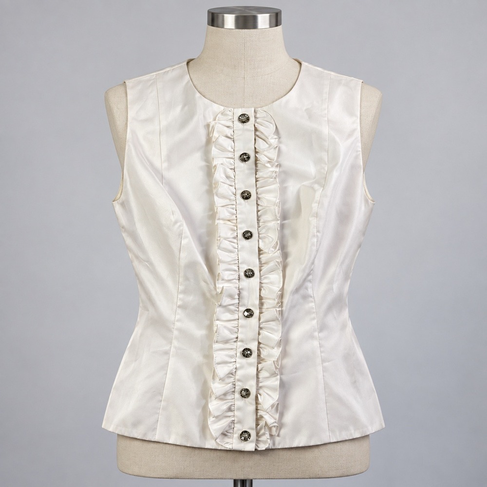 Vintage 90s White Satin Ruffle Rhinestone Tuxedo Vest M En Francais Huey - Picture 1 of 12